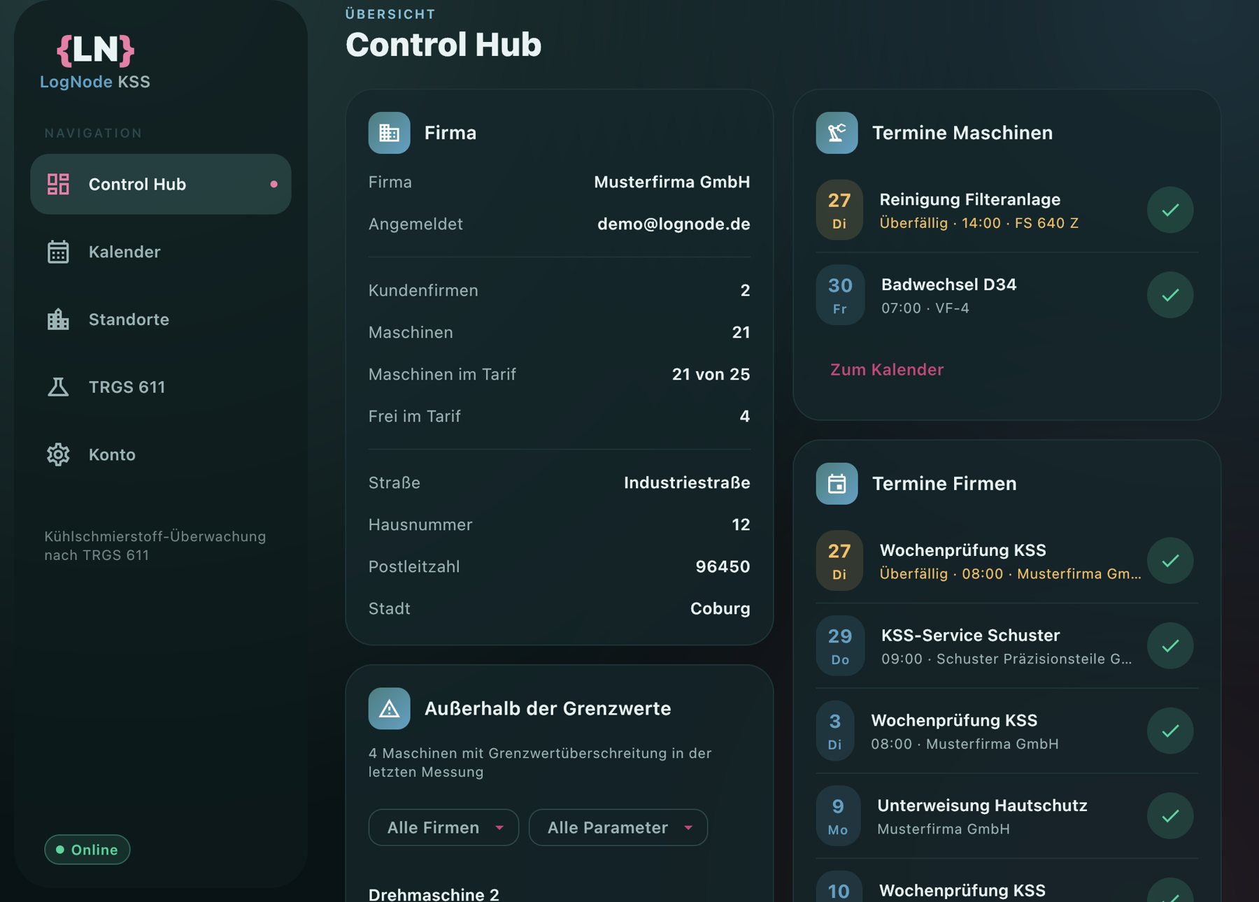 Control Hub von LogNode KSS auf dem iPad: Firma, Maschinen im Tarif, Termine und Maschinen außerhalb der Grenzwerte